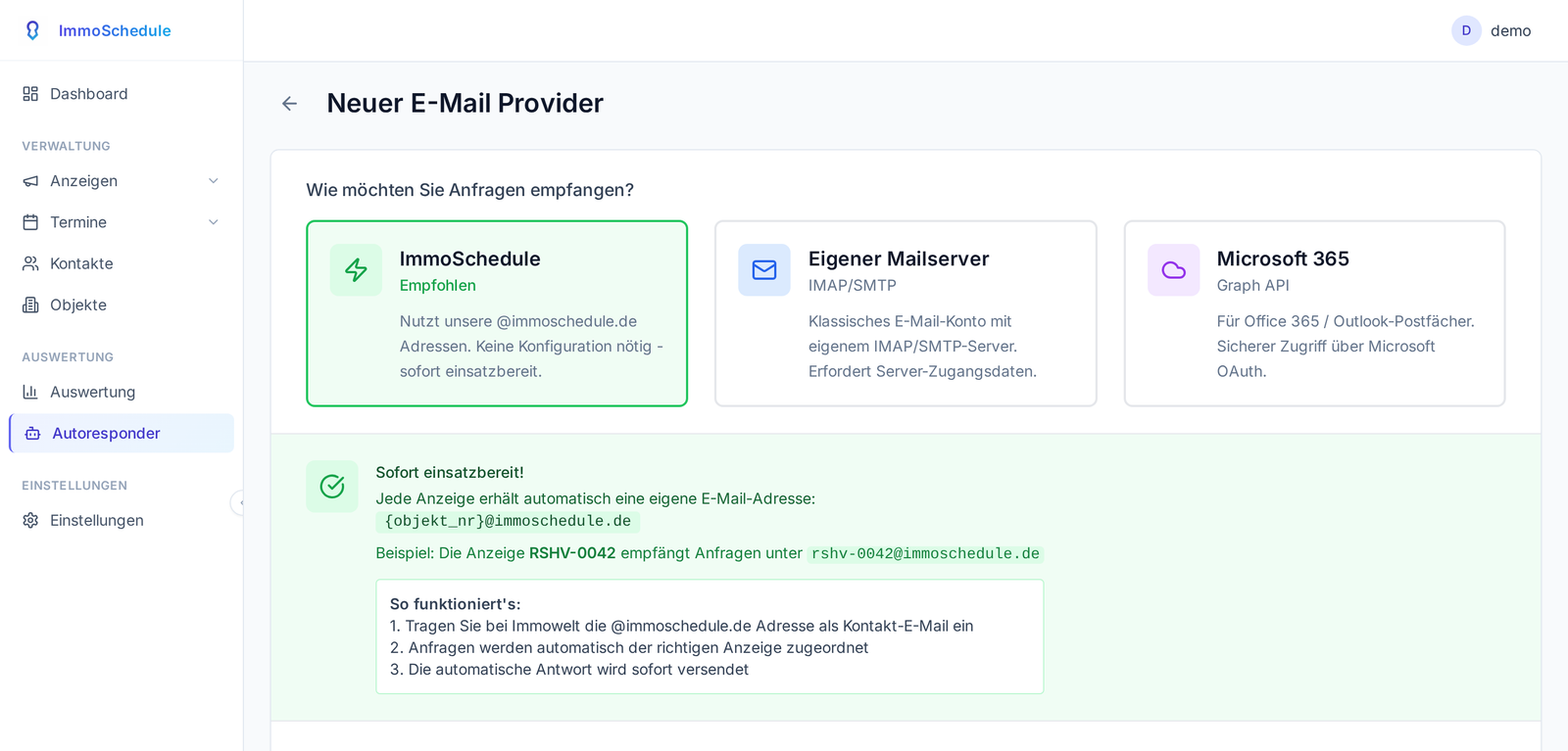 E-Mail-Provider einrichten: Auswahl zwischen ImmoSchedule Catch-All, eigenem IMAP-Server und Microsoft 365 – jede Anzeige erhält automatisch eine eigene Adresse {objekt_nr}@immoschedule.de