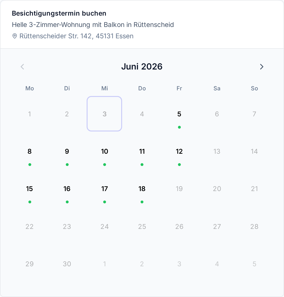 Terminbuchung aus Mietersicht: Kalender mit freien Besichtigungstagen zur Auswahl